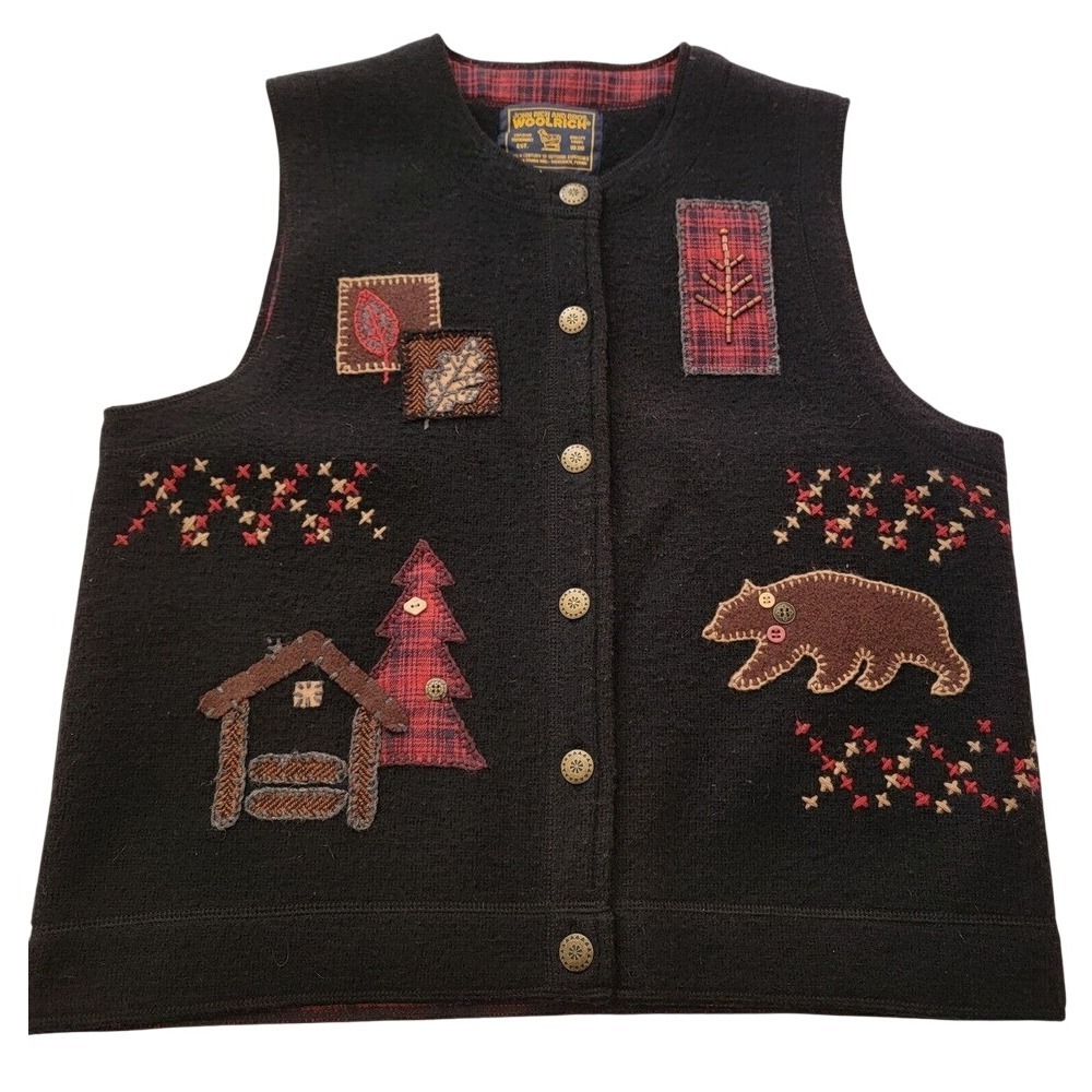 Woolrich Vintage Fall Cabin Print Patchwork Sweater Small Black Wool Vest